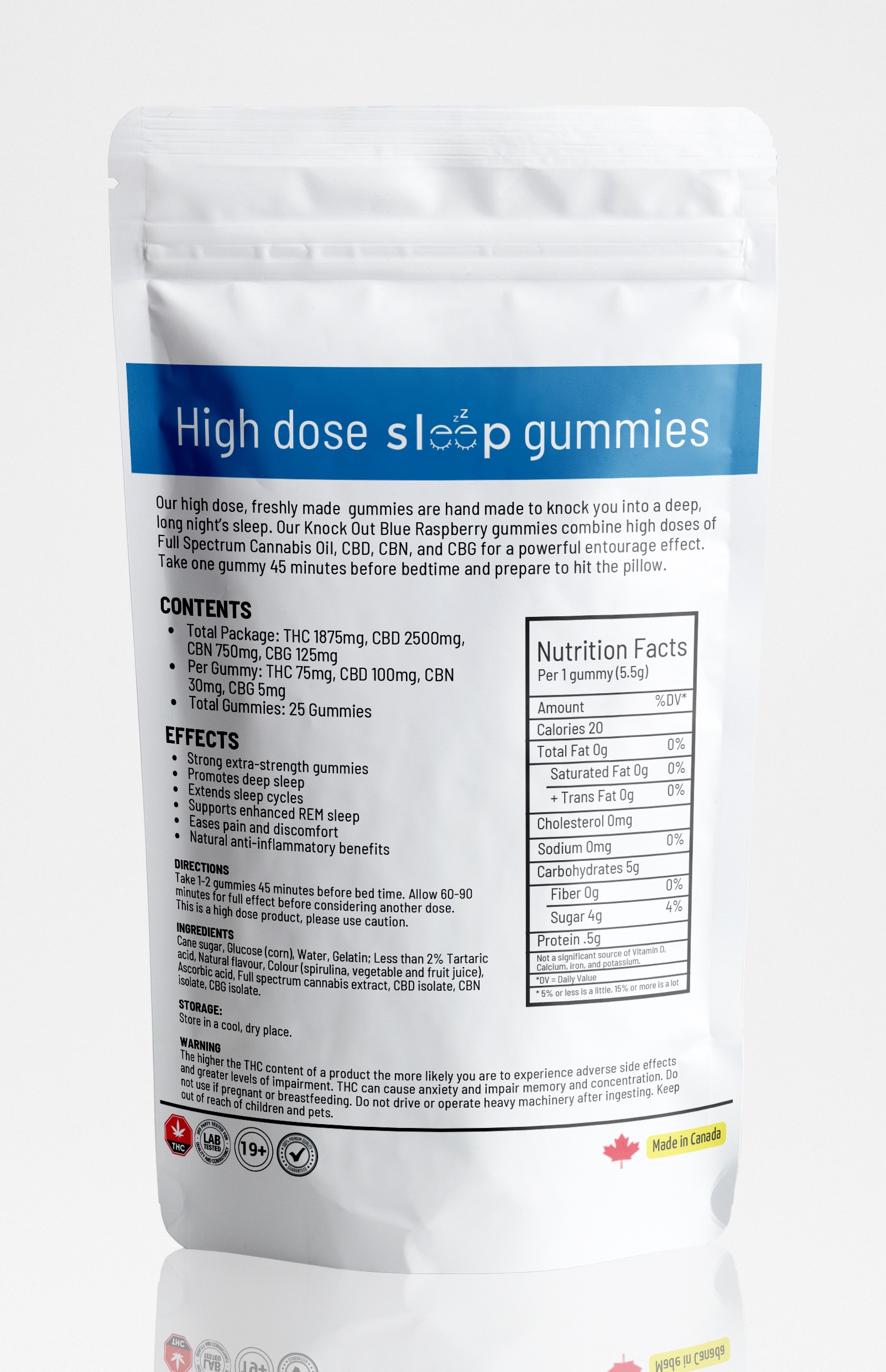 Mega Knock Out Gummies - Blue Raspberry - THC 1875mg, CBD 2500mg, CBN 750mg, CBG 125mg (25 Pack) - Image 2