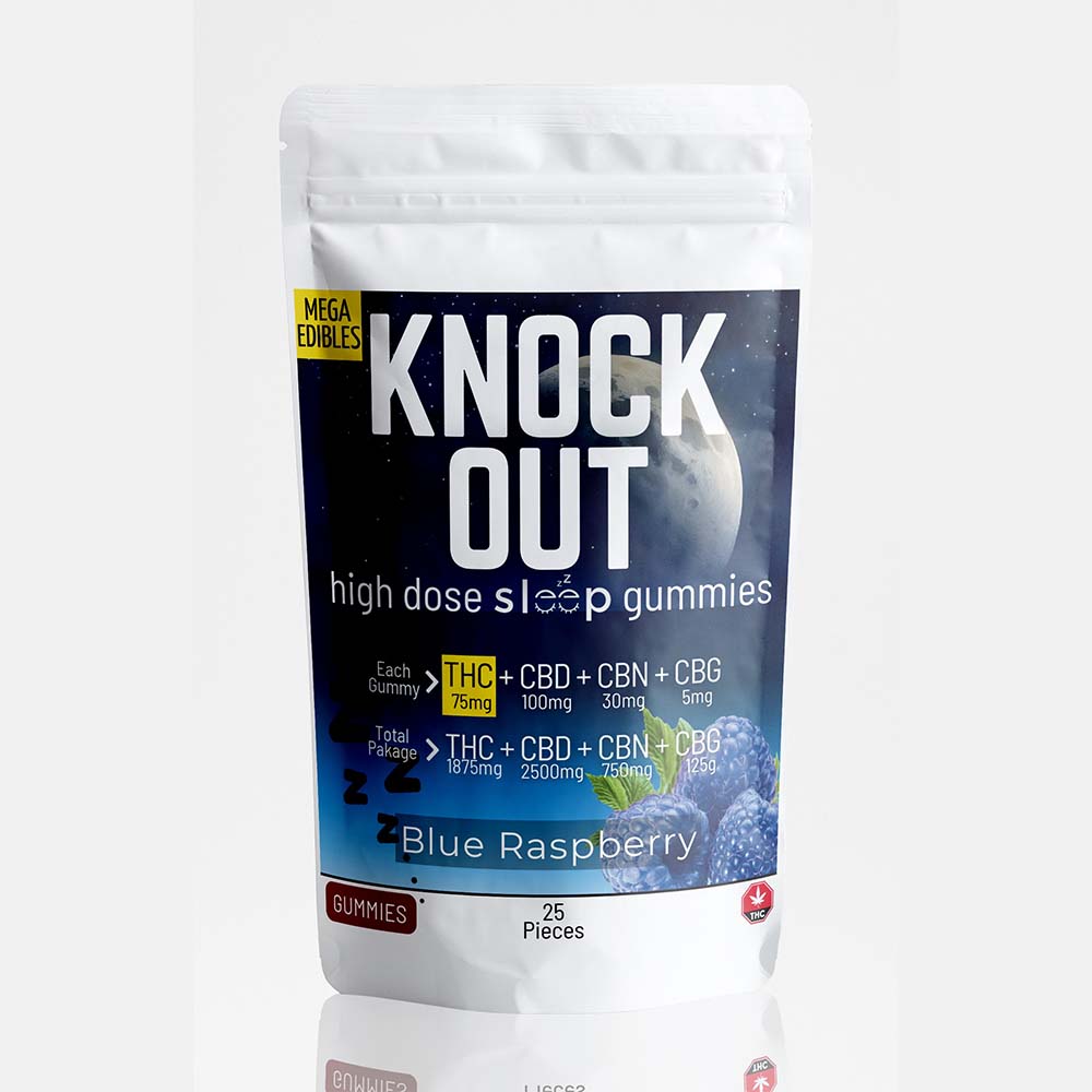 Mega Knock Out Gummies - Blue Raspberry - THC 1875mg, CBD 2500mg, CBN 750mg, CBG 125mg (25 Pack)