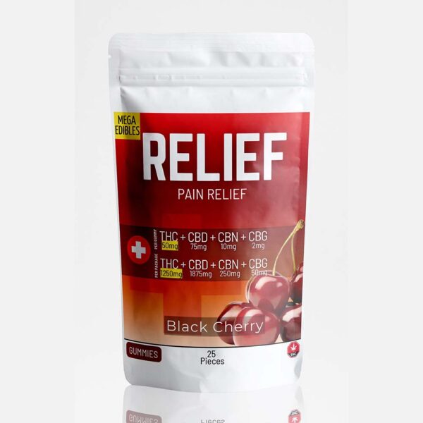Mega Relief Gummies - Black Cherry - THC 1250mg, CBD 1875mg, CBN 250mg, CBG 50mg (25 Pack)