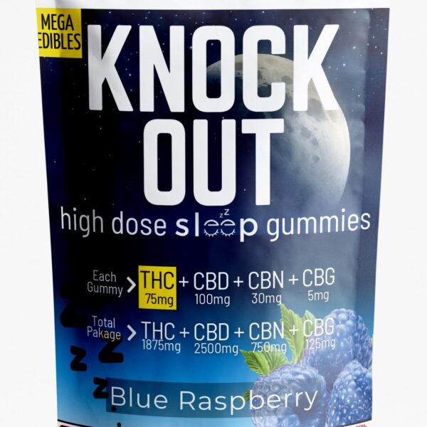 Mega Knock Out Gummies - Blue Raspberry - THC 1875mg, CBD 2500mg, CBN 750mg, CBG 125mg (25 Pack)