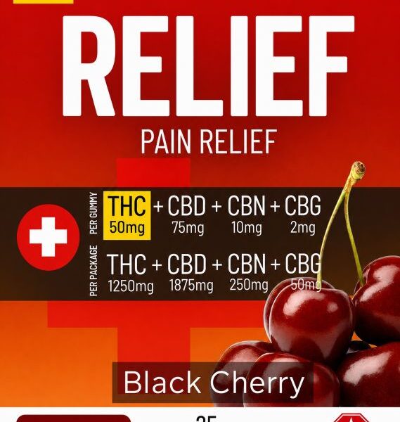 Mega Relief Gummies - Black Cherry - THC 1250mg, CBD 1875mg, CBN 250mg, CBG 50mg (25 Pack)