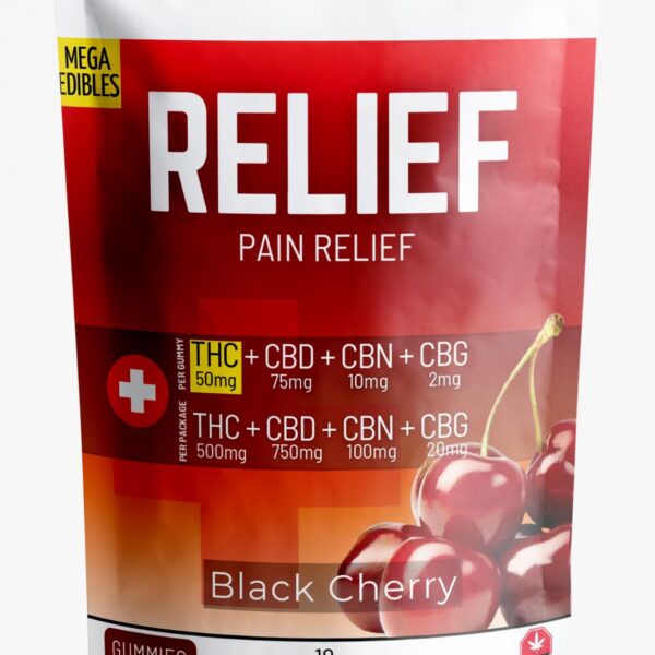 Mega Relief Gummies - Black Cherry - THC 500mg, CBD 750mg, CBN 100mg, CBG 20mg (10 Pack)